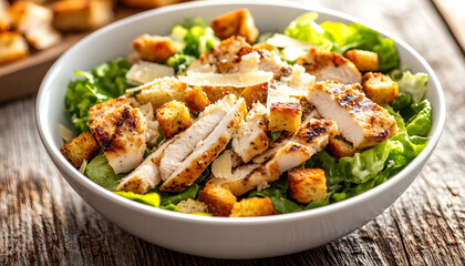 Fototapeta premium Caesar salad with chicken and greens on wooden table