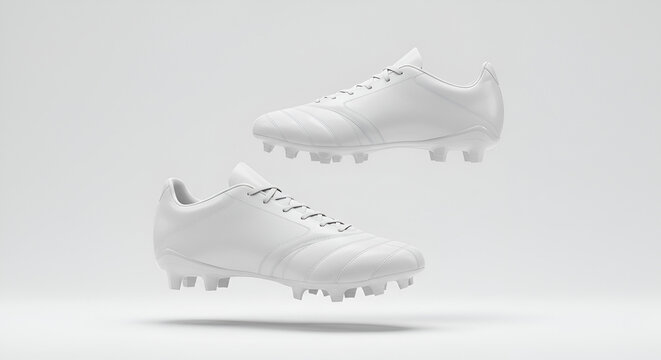 Minimalist White Soccer Cleats Floating on a Clean White Background Studio Lighting.