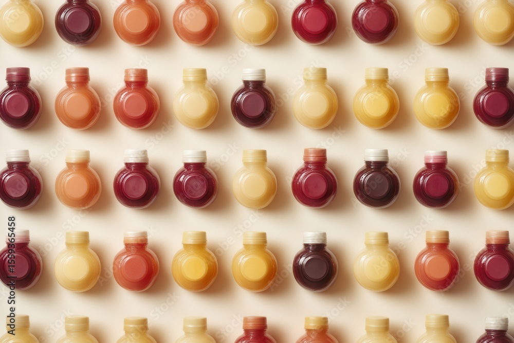 Poster colorful array of juice bottles arranged in a grid pattern on a neutral background