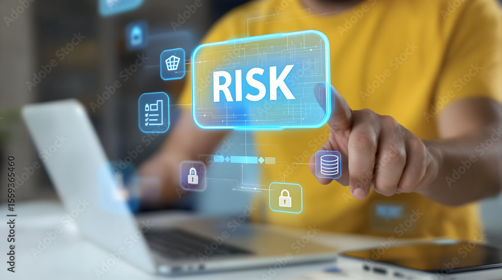 Poster navigating digital threats: a hand interacts with a virtual screen displaying 'risk' and cybersecuri