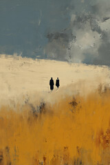 Golden wheat field under a dramatic sky with two figures walking along a path in a countryside setting