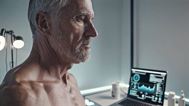 Elderly male researcher reviewing medical data on laptop, sitting in clinical lab setting, surrounded by scientific equipment, representing healthcare technology advances