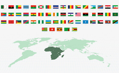National Flags of the African countries, Postage Flag Set. African Flags with World Map.