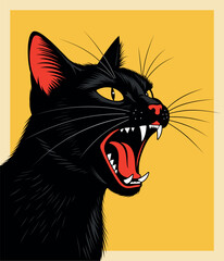 A screaming angry black cat. Retro vector illustration for poster design.