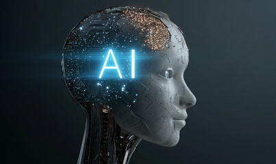 A glowing blue light shines on the side of an illustration of a human head with circuit board patterns inside, symbolizing artificial intelligence. The "AI" logo is visible in brain