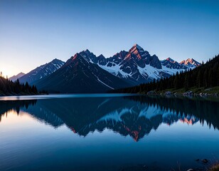 Naklejka premium beautiful calm water reflection of beautiful mountain ranges