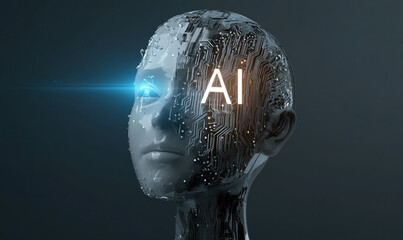 A glowing blue light shines on the side of an illustration of a human head with circuit board patterns inside, symbolizing artificial intelligence. The "AI" logo is visible in brain