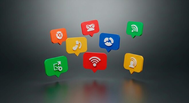 A collection of colorful notification icons floating in the air against a dark gray background scene design