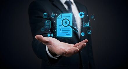 Professional hand presenting a futuristic digital financial audit document surrounded by glowing business data icons.