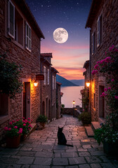 月に照らされた夜の街に座る黒猫のイラスト