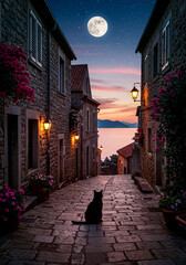 月に照らされた夜の街に座る黒猫のイラスト