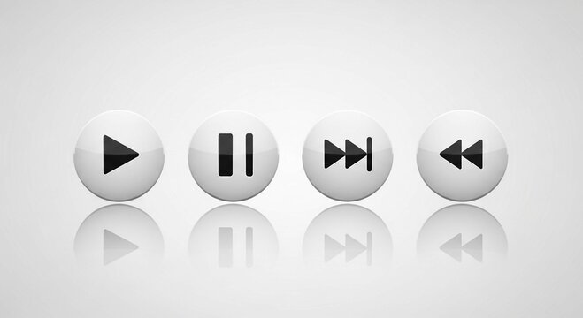 A row of four white circular buttons displaying play pause fast forward and rewind symbols with reflection