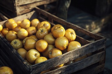 Freshly harvested golden apples piled in rustic wooden crates under soft sunlight in a market