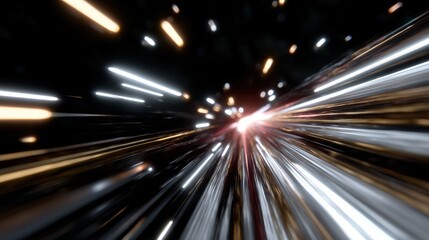 Obraz premium Abstract light streaks creating a dynamic, futuristic motion effect against a dark background, resembling a warp speed or hyperspace travel scene.
