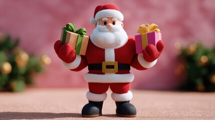 Obraz premium A festive Santa Claus figurine holds two colorful gifts, set against a pink background with blurred Christmas decorations.