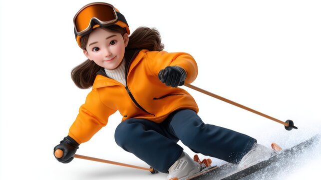 Animated girl skiing down a snowy slope, wearing an orange jacket and goggles, showcasing winter sports enthusiasm.