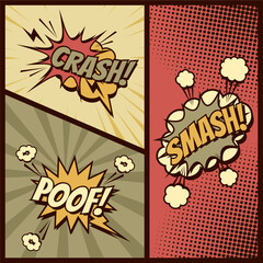 Vintage comic panel background with speech bubble expression text