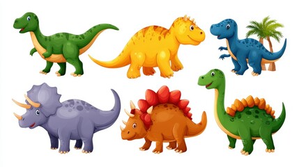 Obraz premium Colorful cartoon dinosaurs in various poses, featuring six different species with playful expressions and bright colors against a white background.