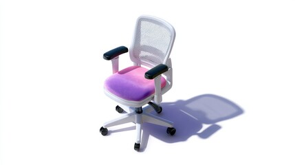 Modern office chair with a mesh backrest and pink cushion, featuring black armrests and caster wheels, casting a shadow on a white background.