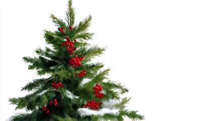 Fototapeta premium Artistic Christmas tree with red berries and snow, isolated on a white background.