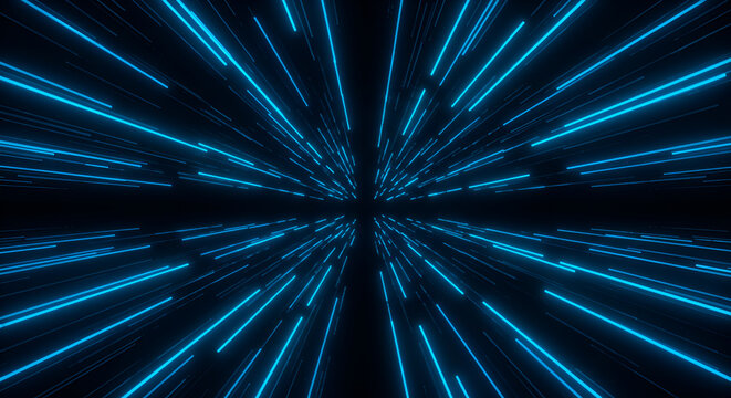 Abstract neon blue light trails illuminating a dark background creating a dynamic visual effect