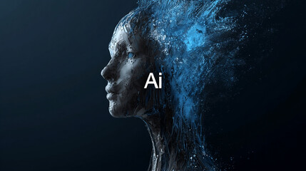 A glowing blue light shines on the side of an illustration of a human head with circuit board patterns inside, symbolizing artificial intelligence. The "AI" logo is visible in brain
