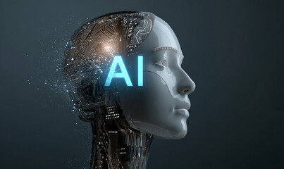 A glowing blue light shines on the side of an illustration of a human head with circuit board patterns inside, symbolizing artificial intelligence. The "AI" logo is visible in brain
