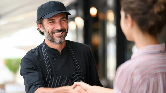 Smiling chef in black uniform and cap greeting man and woman with handshake outdoors, friendly and welcoming atmosphere, professional hospitality, restaurant setting, smiling faces, outdoor greeting
