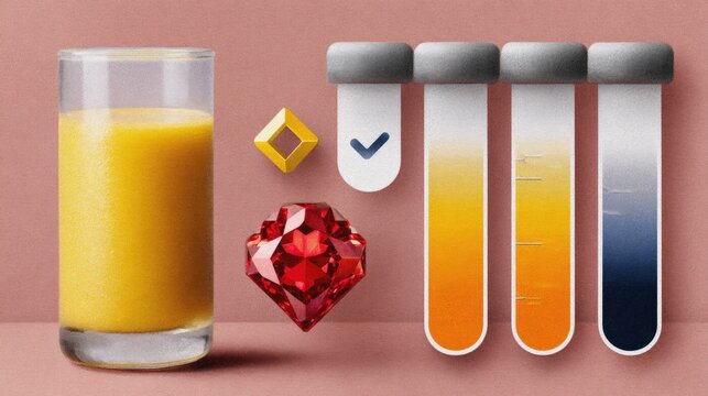 Abstract composition with a glass of orange liquid, geometric shapes, and colorful test tubes on a pink background.