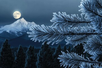 A serene winter night scene with a full moon over a snowy mountain and frosted pine needles.