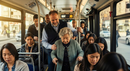 Man helping senior woman on bus public transportation kindness community support elderly care passenger ride