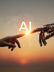 A human finger and robot finger reaching and pointing towards each other, an "AI" icon in glowing text in between them, interacting with world map background, symbolizing global connectivity