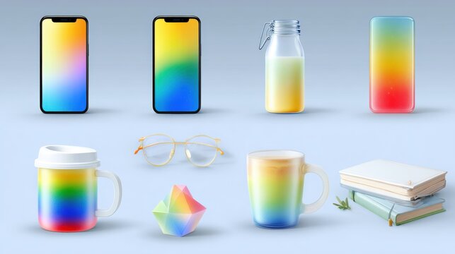 A collection of colorful gradient-themed items, including smartphones, mugs, glasses, and books, arranged on a light blue background.