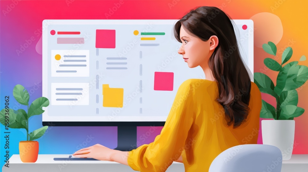 Poster woman in a yellow sweater using a computer with a colorful interface, surrounded by plants, in a mod
