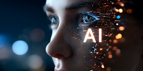 3D rendering of an AI head with the letters "AI" glowing inside, filled with circuitry and data streams. The background is blue with bokeh lights. A holographic person's face. High resolution