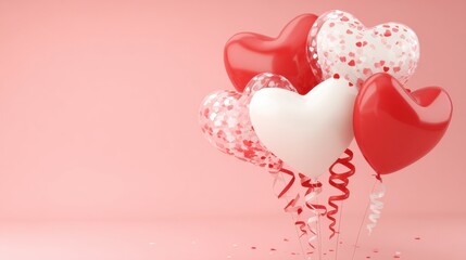Elegant red and white heart-shaped balloons with confetti and ribbons on a soft pink background. Perfect for Valentineâ€™s Day promotions, romantic events, or festive designs.