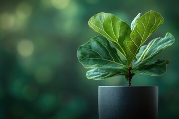 A vibrant fiddle leaf fig plant thriving in a minimalist gray pot against a blurred green background.