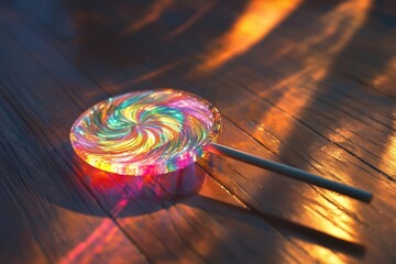 A vibrant rainbow lollipop swirls on a wooden surface, catching the light with mesmerizing colorful reflections.