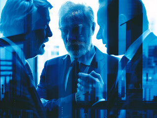 Three people talking in a business conference with a blue Matrix filter 