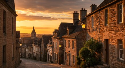 Fototapeta premium Golden Hour in the Old Town: Charming street scene of historic stone buildings bathed in warm sunset light, creating a picturesque and tranquil atmosphere.
