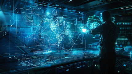 A human interacting with Artificially intelligent holographic screen futuristic technology background