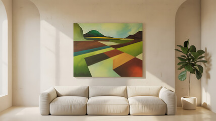 Abstract landscape painting, geometric shapes, muted colors.
