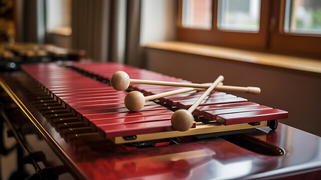 Red xylophone with wooden mallets.
