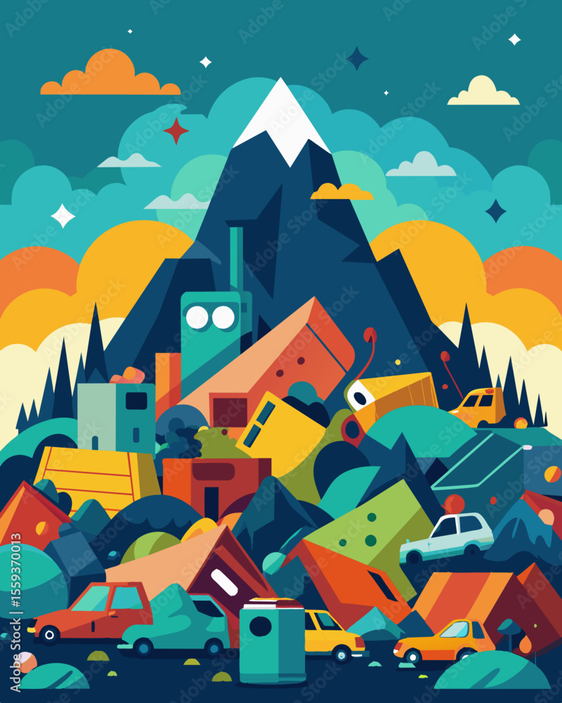 Poster a landscape dominated by heaps of surplus items creating a chaotic and overwhelming sight.. vector i