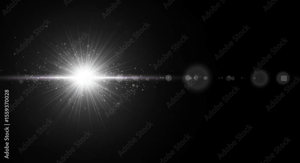 Poster lens flare effect with bright light and bokeh on dark background for digital design