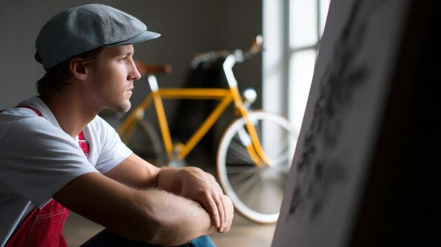 Young man artist in flat cap and red overall sitting thoughtfully in front of canvas in bright studio, yellow bicycle in background, creative atmosphere, natural light streaming through window