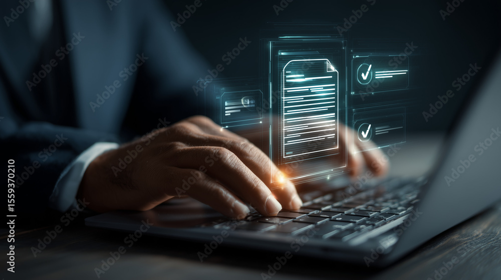 Poster a person typing on a laptop with digital documents and checkmarks floating above the keyboard area