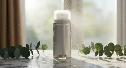 Gray Aerosol Can Spraying Mist with Green Eucalyptus on Marble Surface