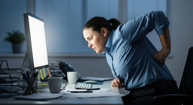 Woman office worker with back pain from sitting at desk all day computer work ergonomics posture health problem