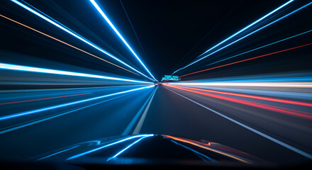 Accelerated motion of car lights on a highway at night creating abstract lines